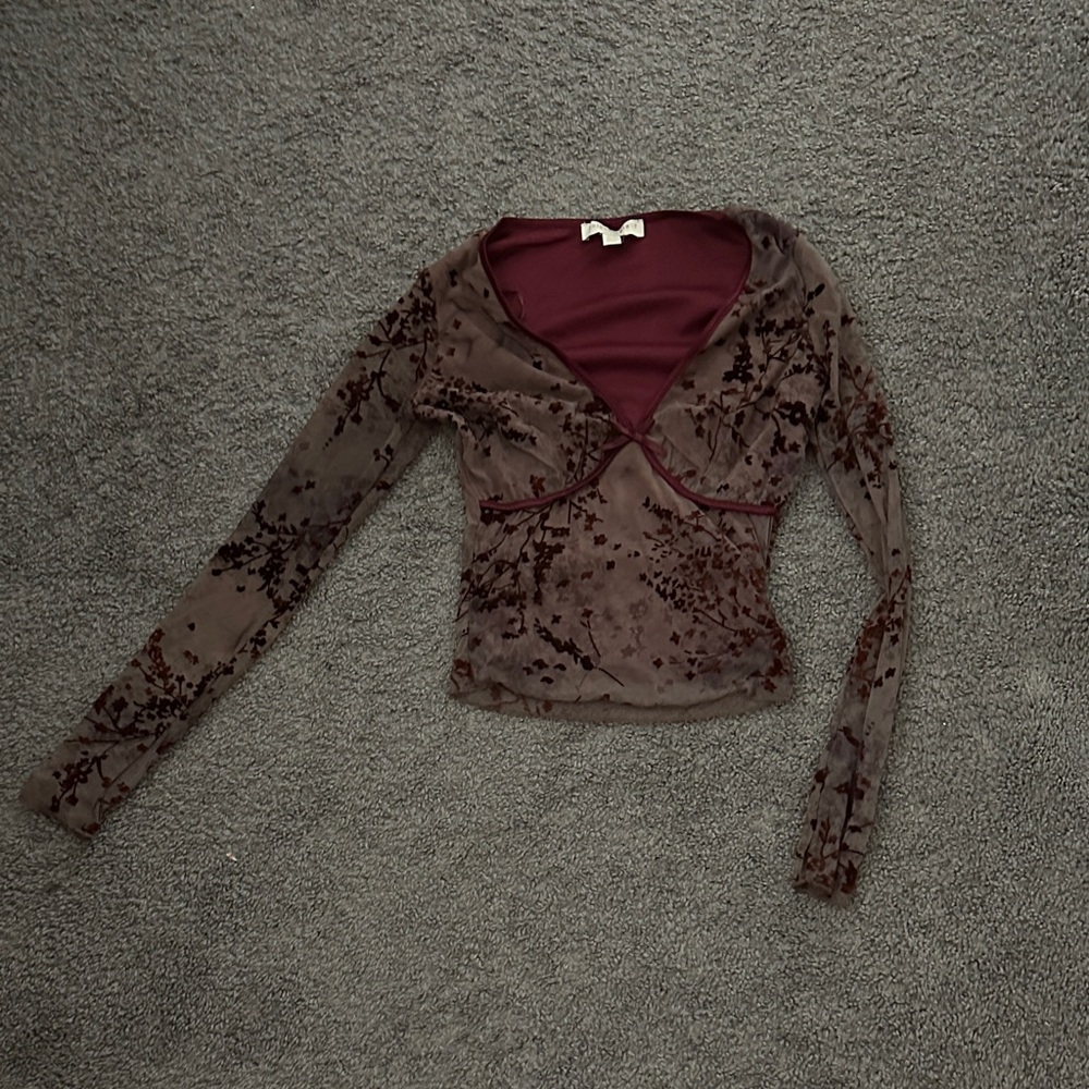 Velvet Burnout Long Sleeve V-Neck Top - Burgundy